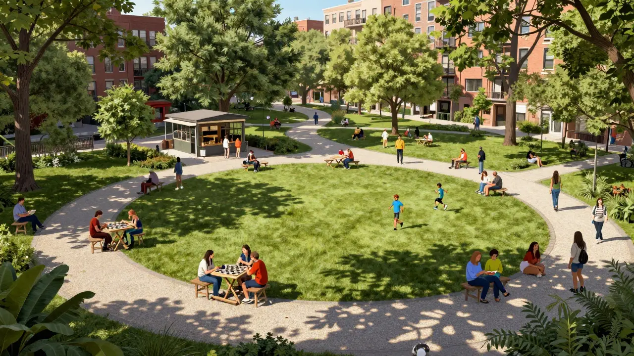 People enjoying leisure activities in a lush urban park surrounded by homes