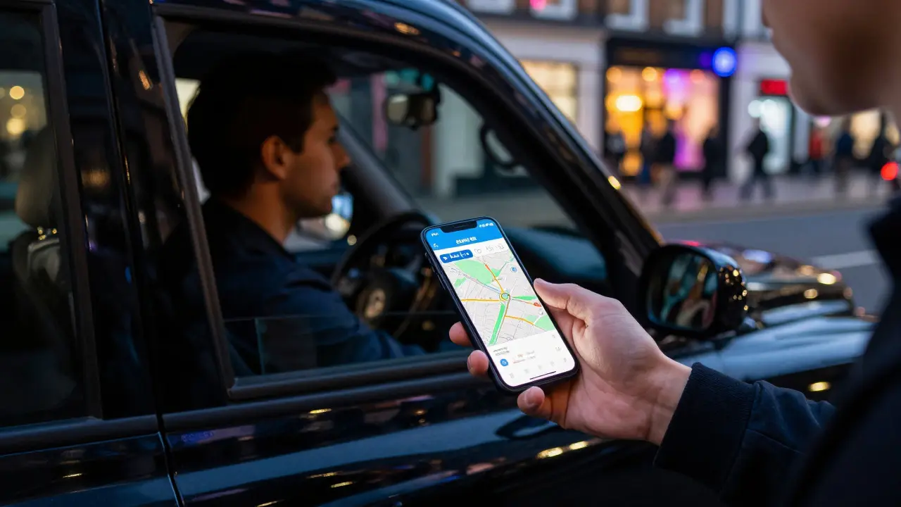 Person checking phone near a black London taxi at night