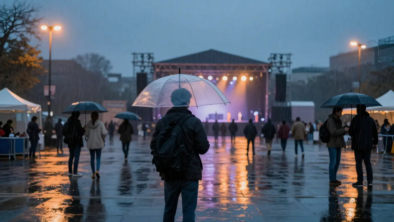 Person holding an umbrella in light rain at an evening outdoor event
