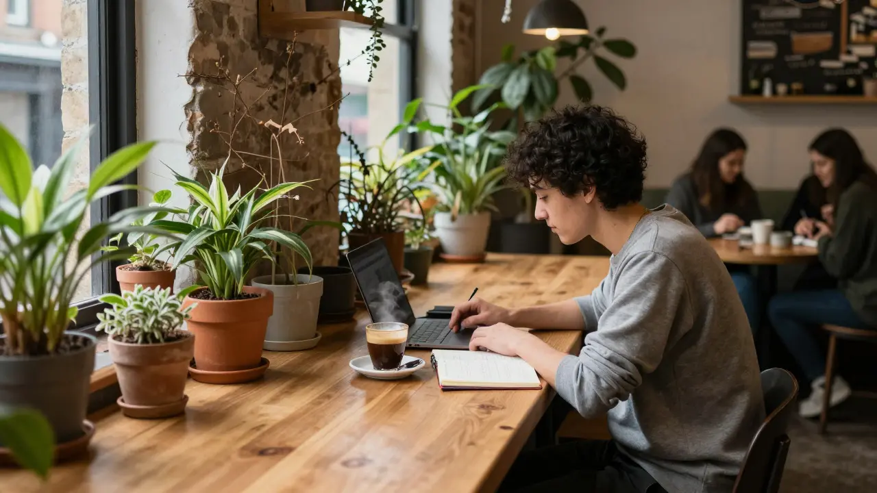 Person writing in a cozy, plant-filled independent cafe corner
