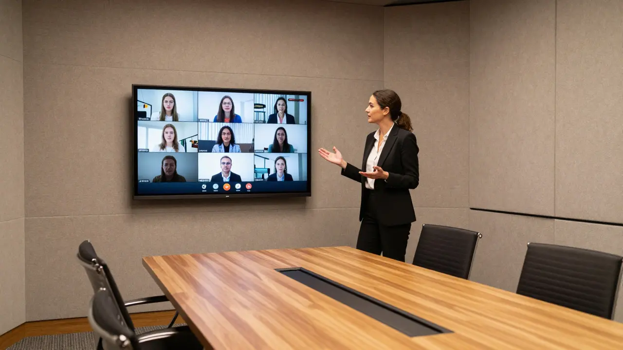 Professional conducting a video call in a soundproofed meeting room