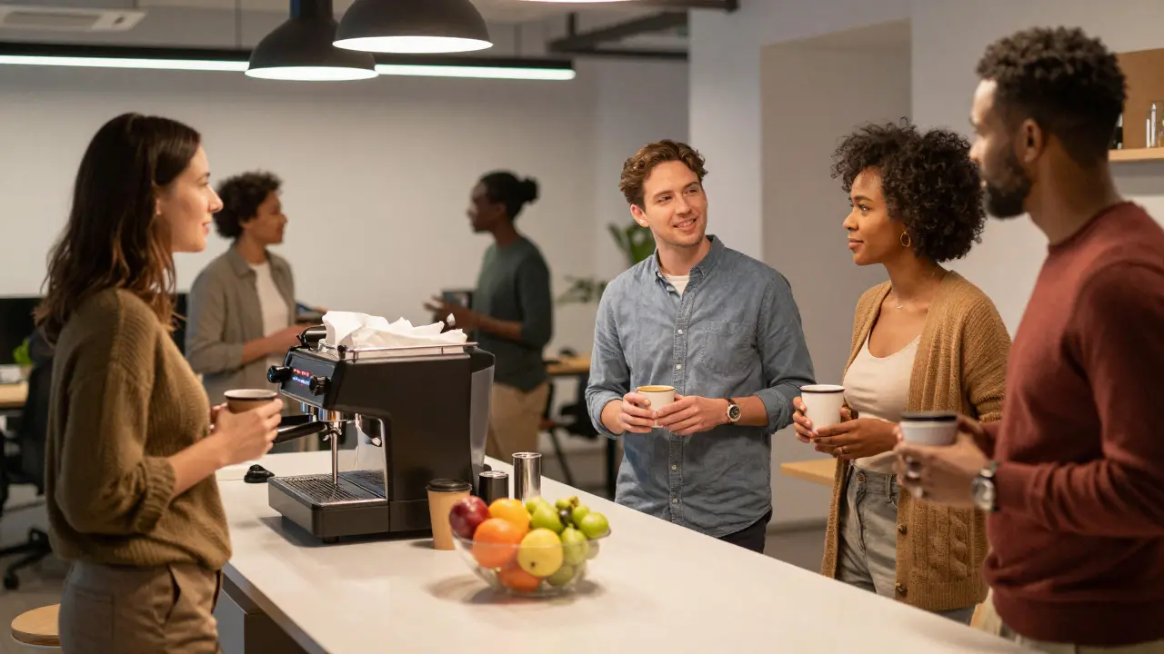 Professionals socializing and drinking coffee in a modern kitchen area of a creative office