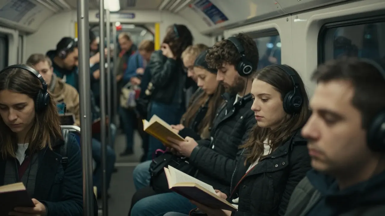 Quiet commuters standing closely together inside a London Tube car