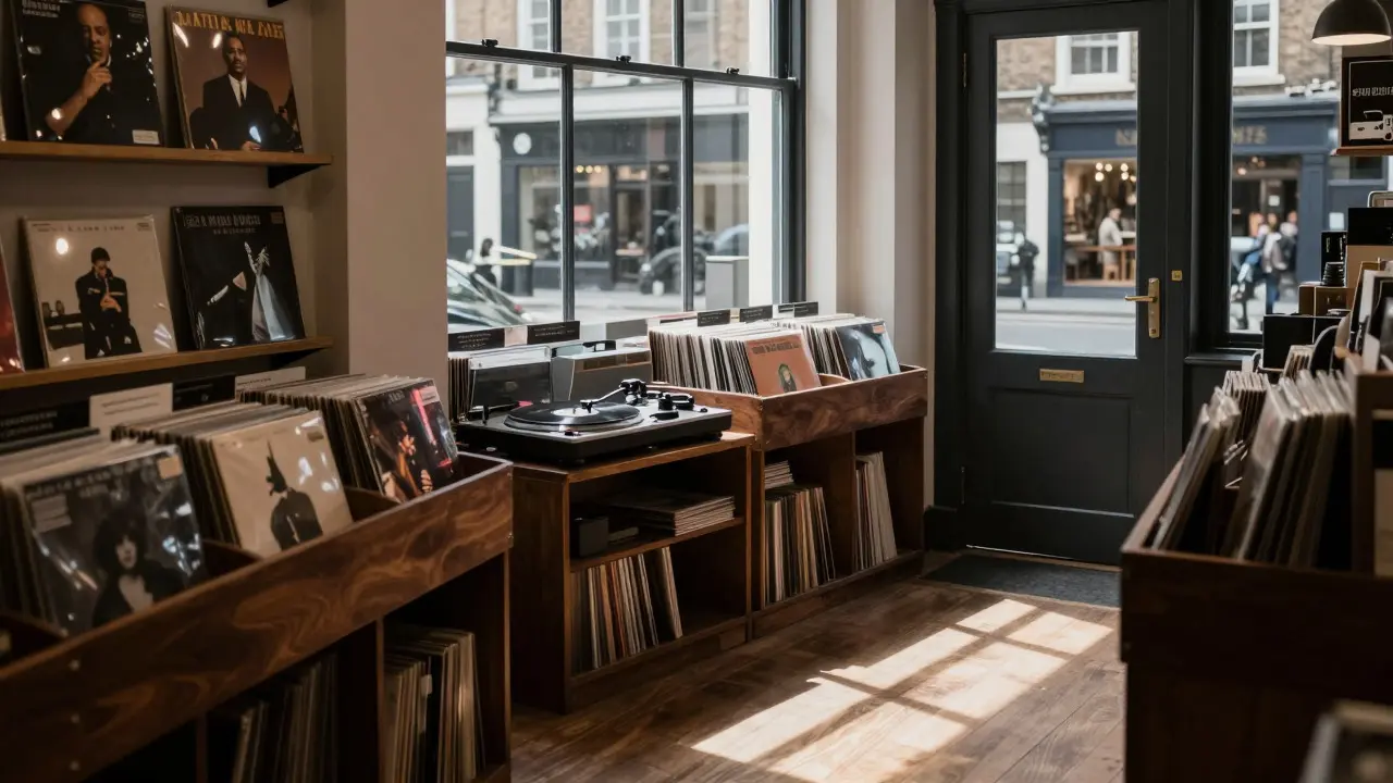 Quiet jazz record shop in Soho with a turntable playing under soft natural light