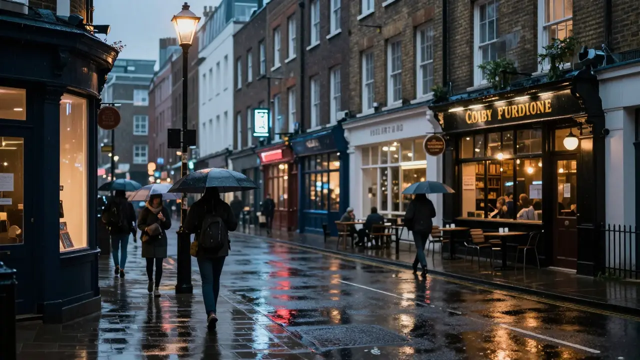 Rainy evening view of a lit-up London street with pedestrians and cafes
