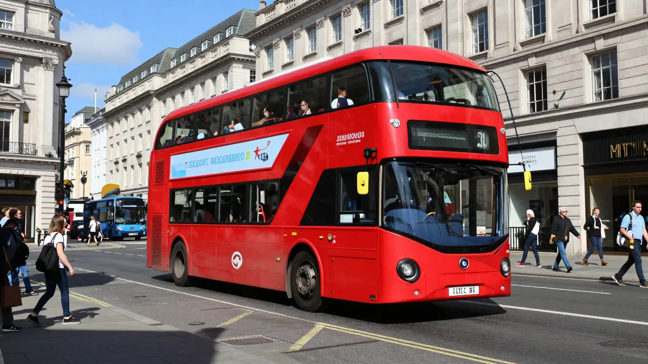 Red double-decker bus driving through a busy London street intersection