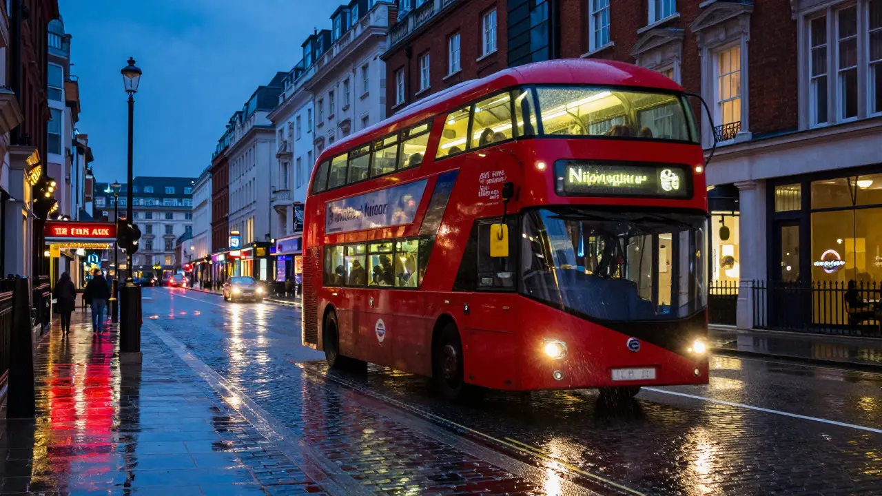 Red London night bus driving on a wet street under city lights