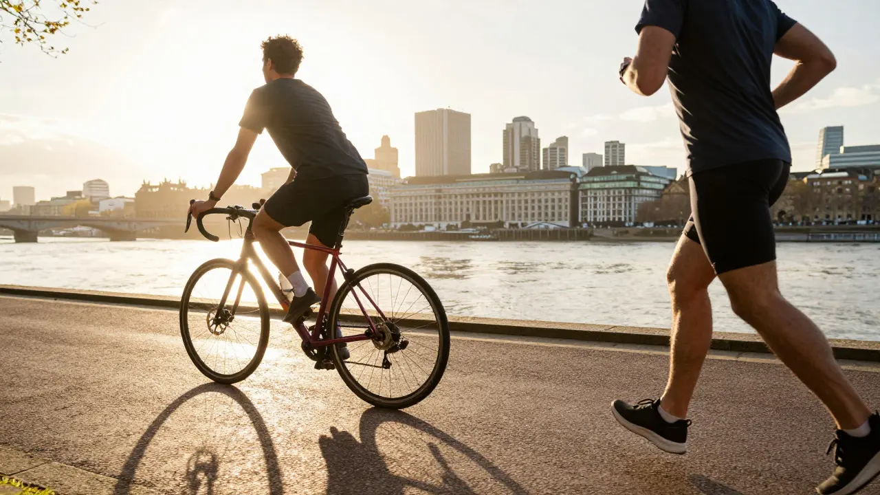 Runner and cyclist exercising along the Thames Path at sunrise