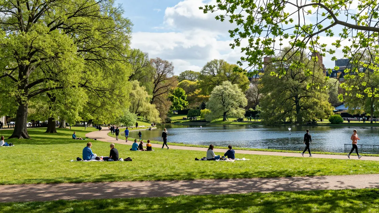 Serpentine lake in Hyde Park with families picnicking and joggers on the paths