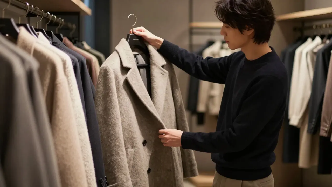 Shopper trying on a winter coat in a boutique fitting room