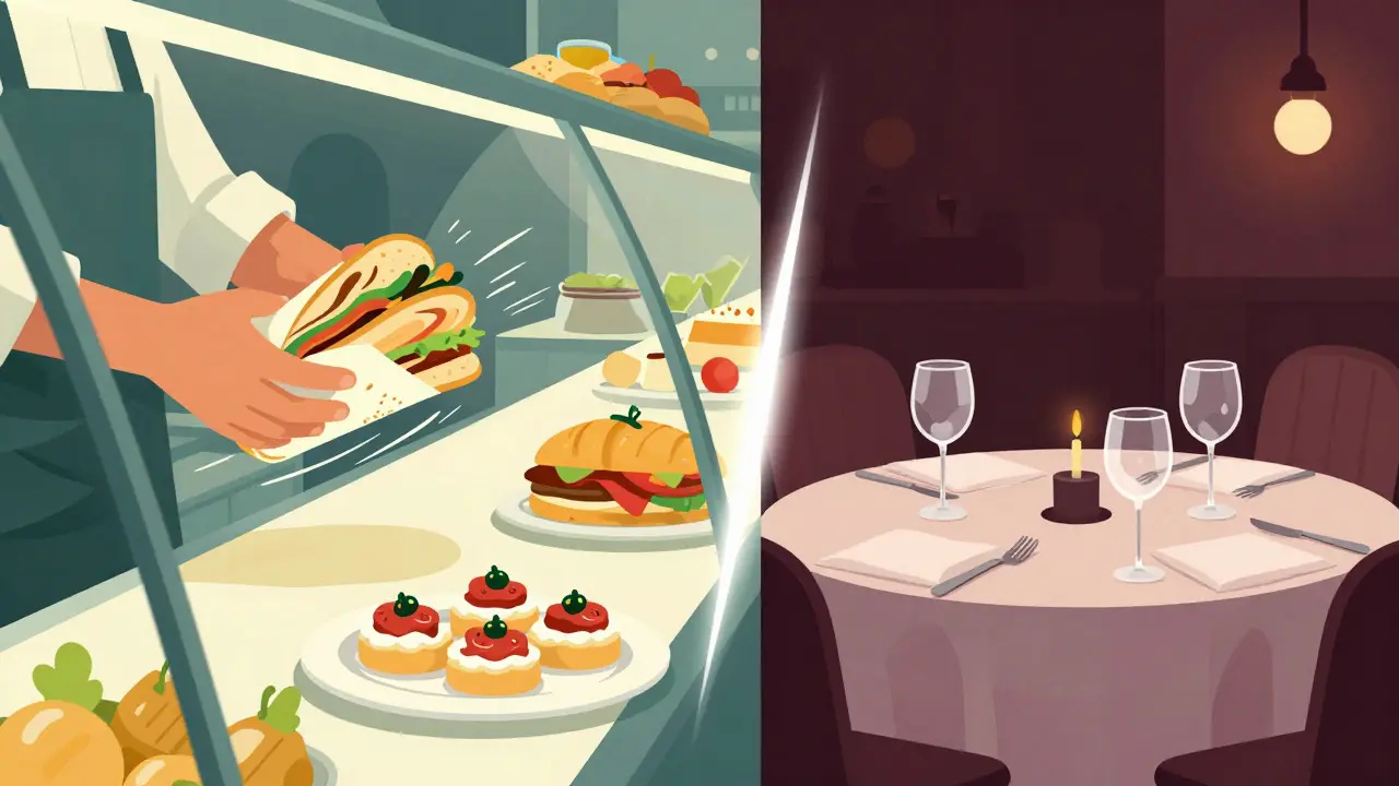 Split-screen illustration comparing fast casual snacks with elegant fine dining settings