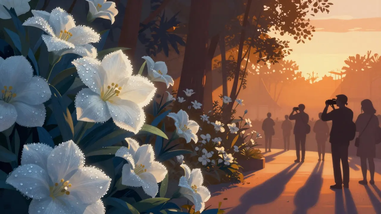 Split view showing fresh morning flowers transitioning to dramatic late afternoon shadows at the show