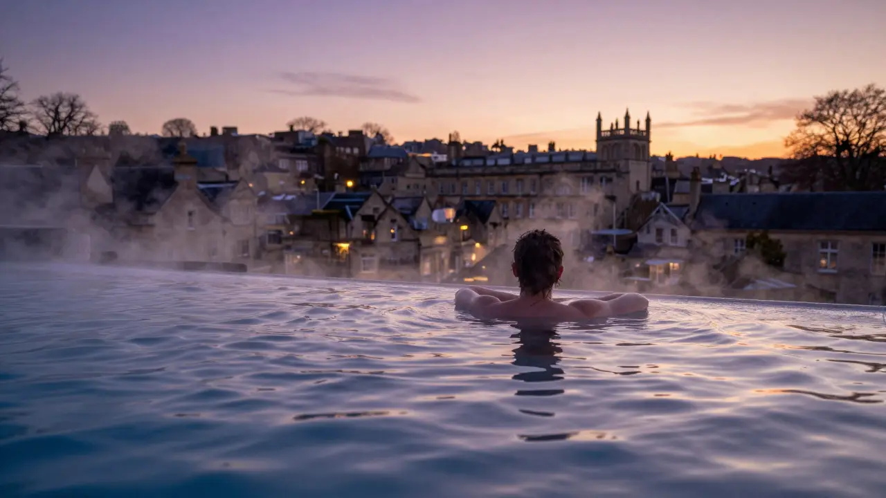 Steam rising from the outdoor infinity pool at Thermae Bath Spa overlooking the city