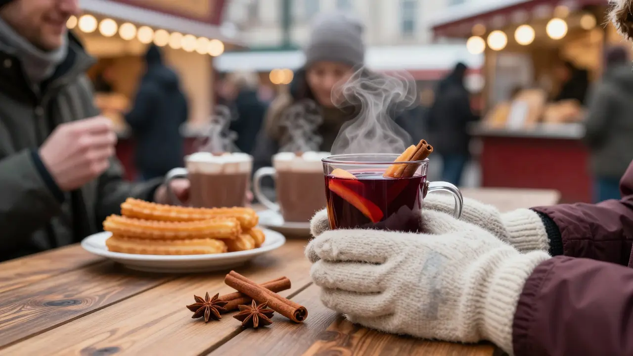 Steaming mug of mulled wine held in gloves at a festive food stall