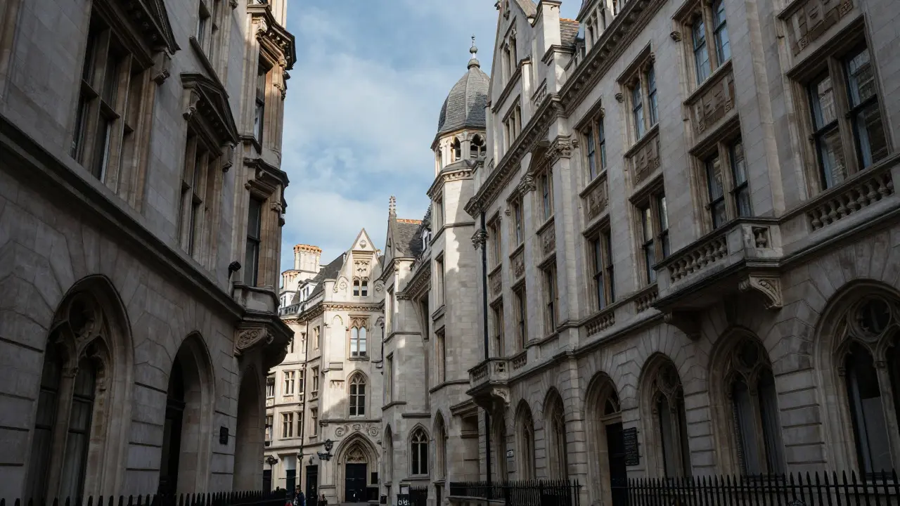 Stone facades of law courts on Chancery Lane in London