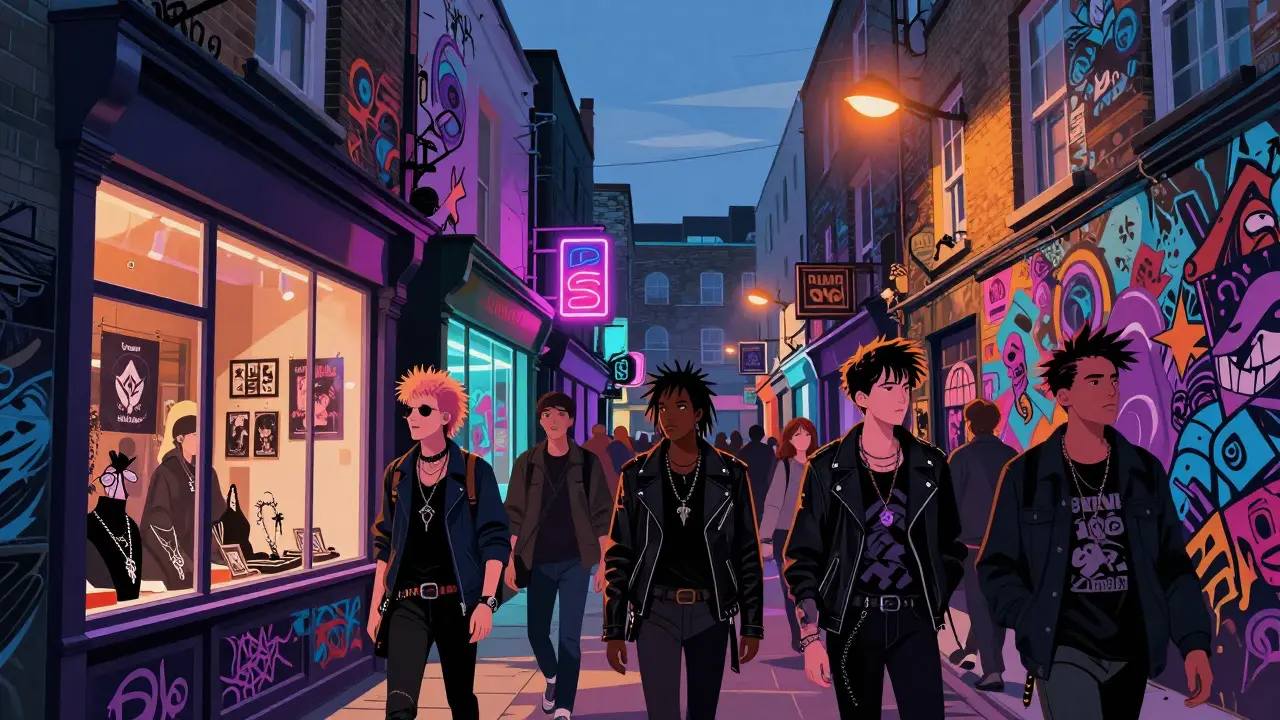 Street art and alternative fashion shops in a vibrant Camden Town alleyway