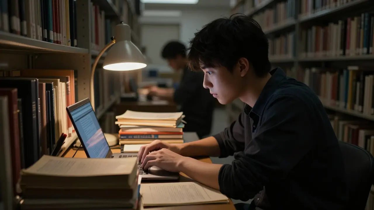 Student focused on laptop in a dimly lit, quiet corner of a research archive