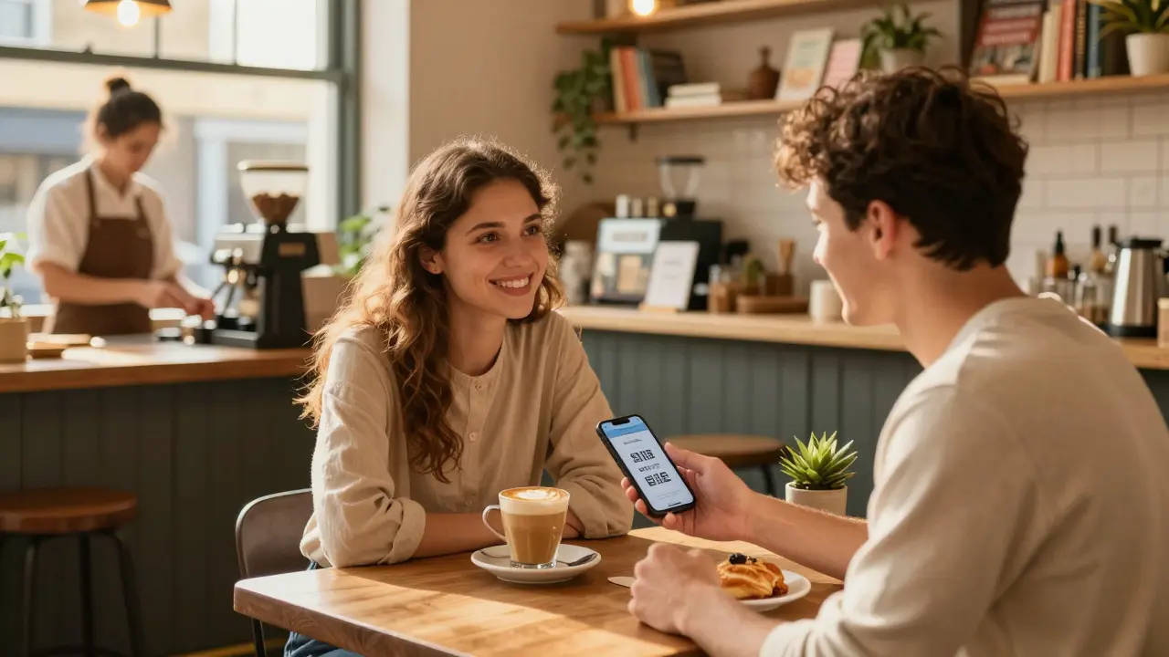 Student showing phone discount code to barista in a London cafe