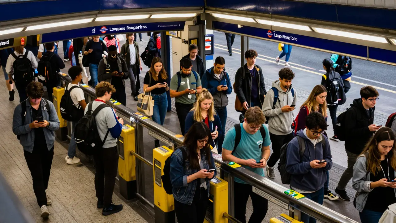 Students tapping contactless cards at a London Tube station turnstile