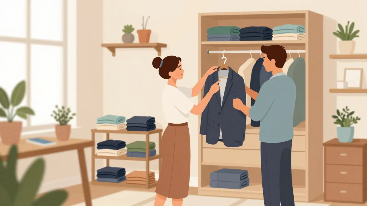 Stylist helping a client sort clothes into piles during a wardrobe audit session
