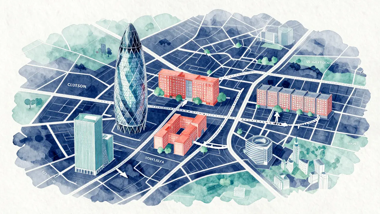 Stylized map illustration showing an optimized route for visiting various architectural sites