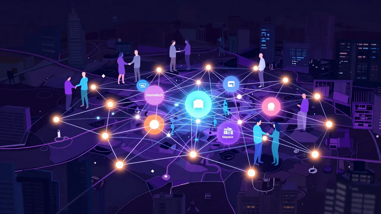 Stylized map of London tech hubs connected by glowing lines representing community networks