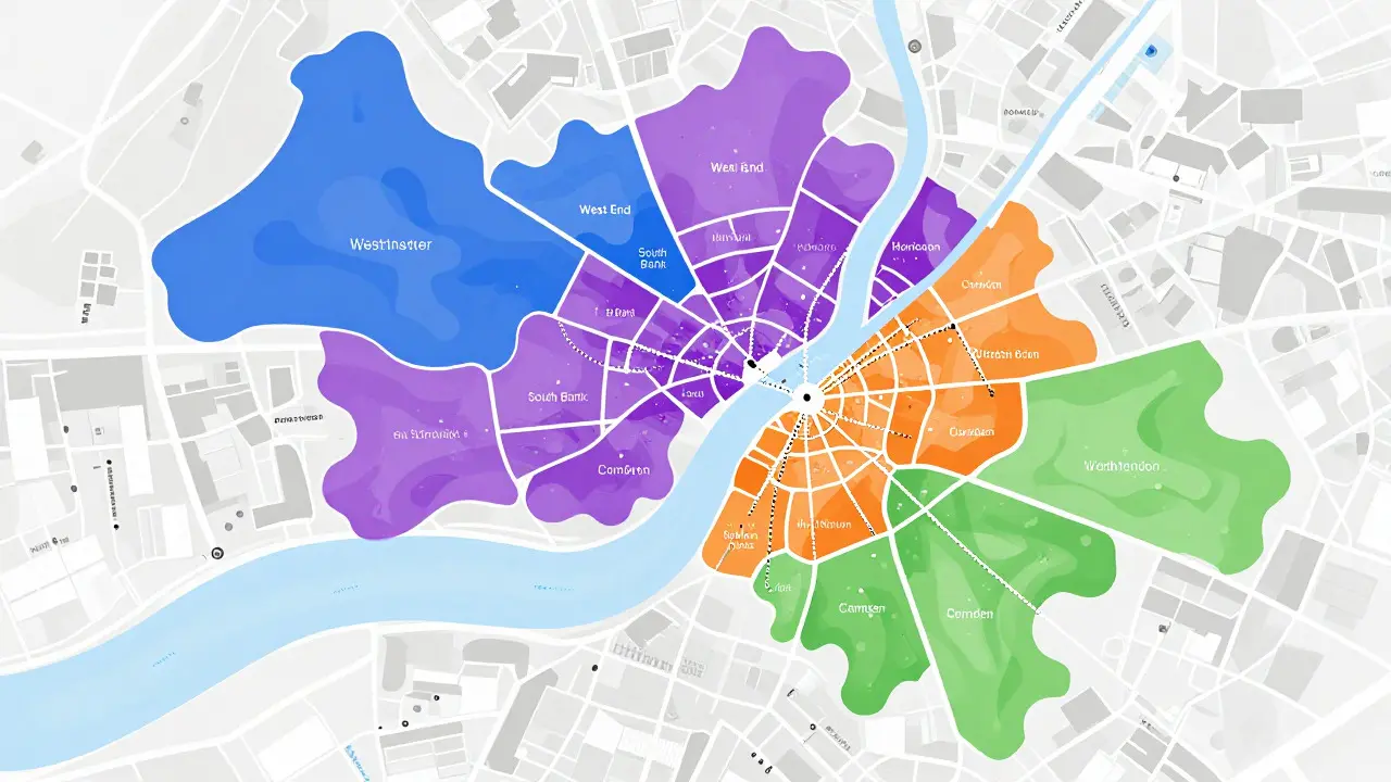 Stylized map showing London neighborhood clusters and sight connections