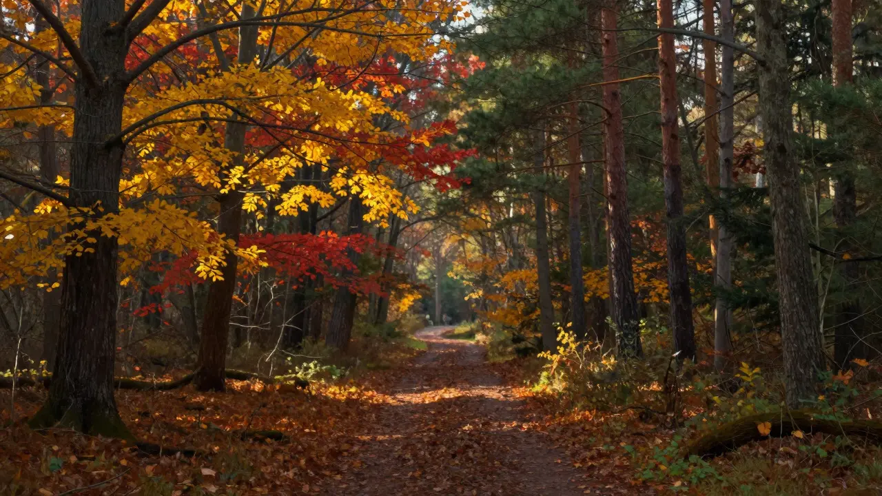 Sunlight filtering through autumn trees in Heath woodland
