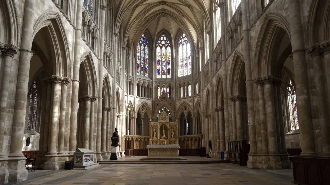 Sunlight streaming through stained glass inside the long nave of Winchester Cathedral