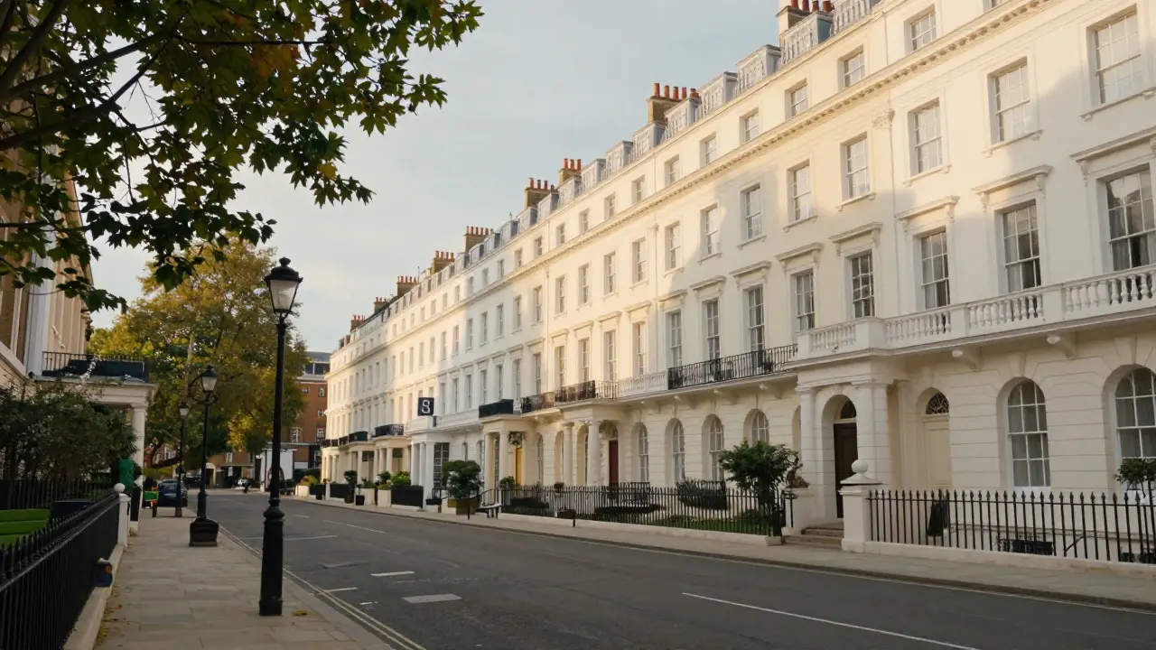 Sunlit Georgian townhouses lining a quiet street in Mayfair