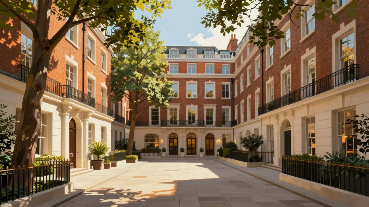 Sunlit luxury courtyard in Mayfair with converted mews houses