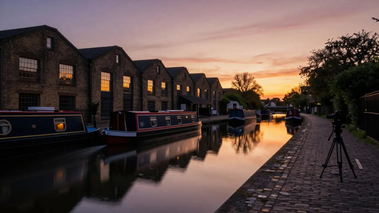Sunset reflection on Regent's Canal with warehouses and boats