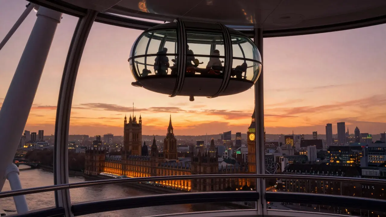Sunset view of Big Ben seen from inside a London Eye capsule