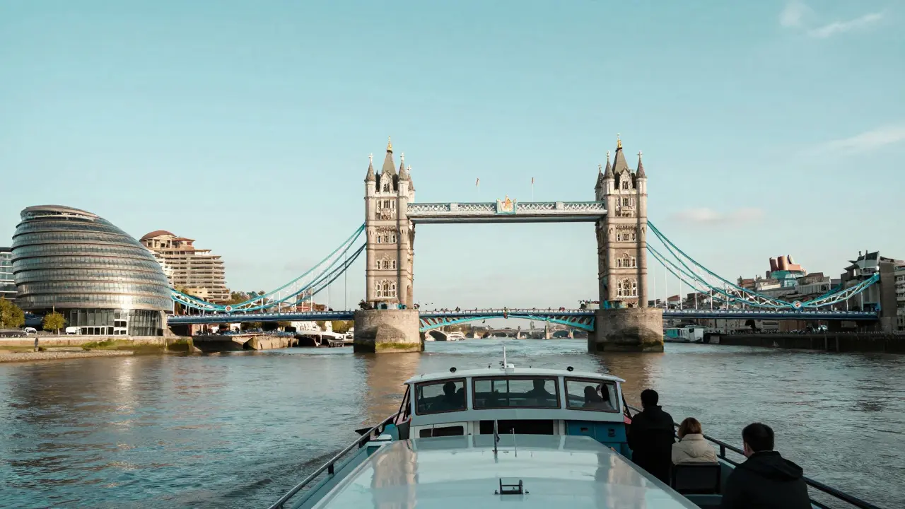 Thames Clipper boat cruising past Tower Bridge with the Tate Modern visible on the bank