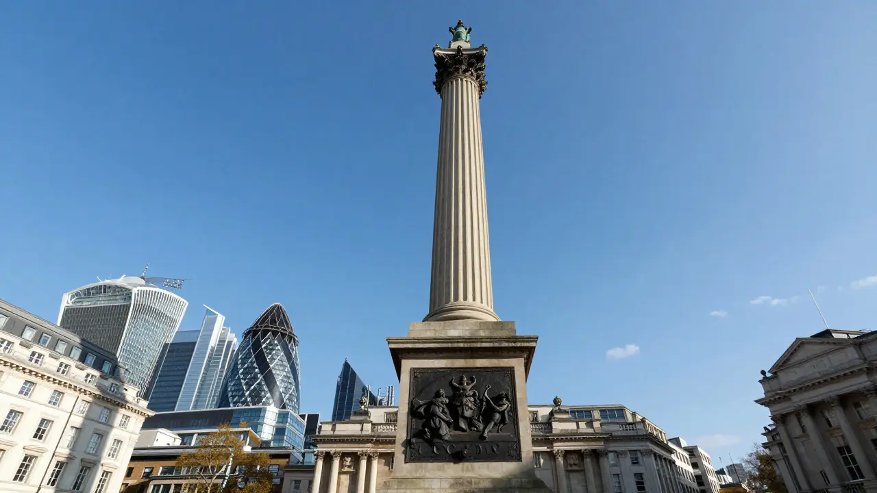 The London Monument standing tall among modern city skyscrapers