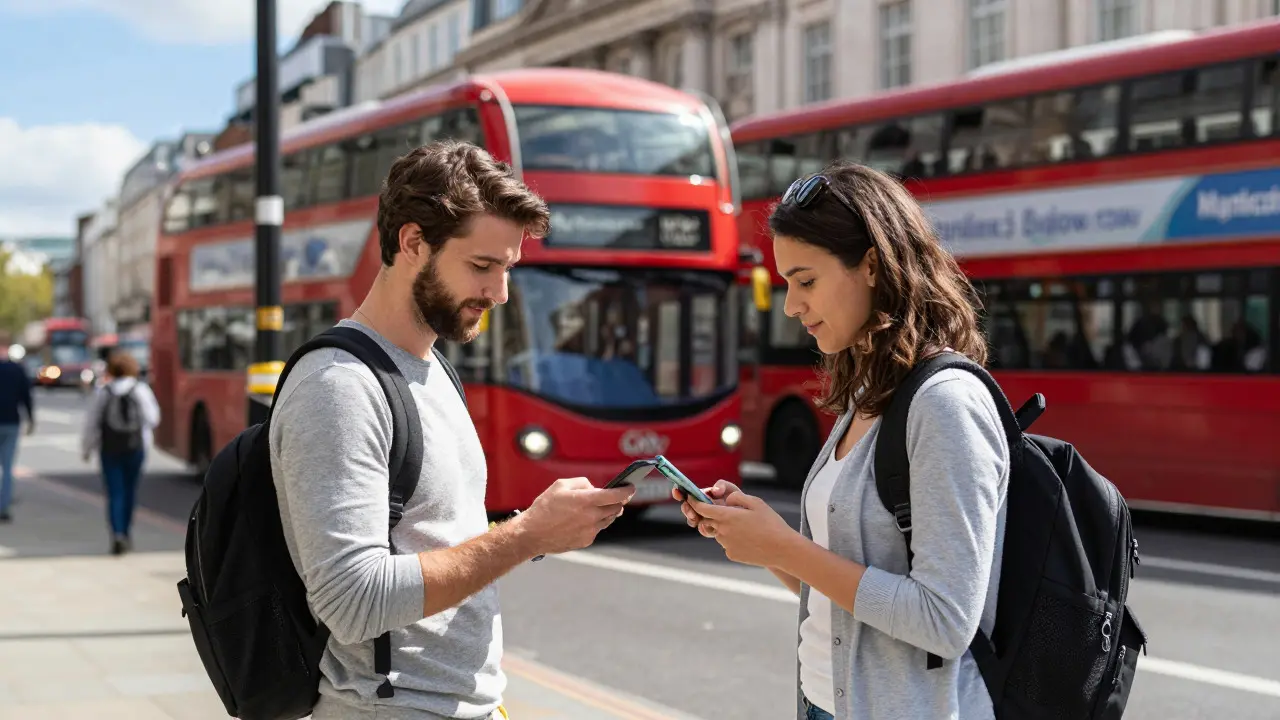 Tourist checking a map app on a phone near a London bus stop