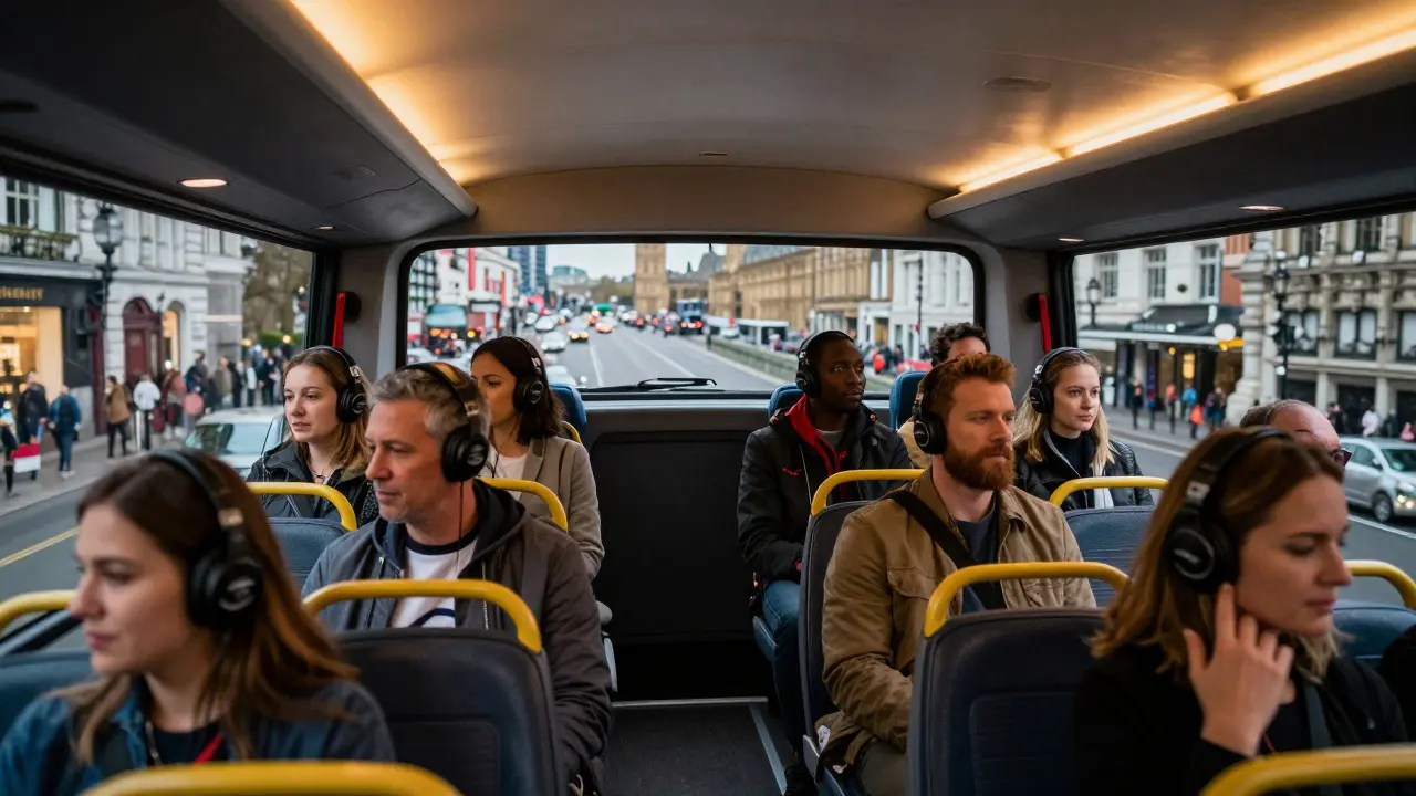 Tourists listening to audio guides inside a London tour bus