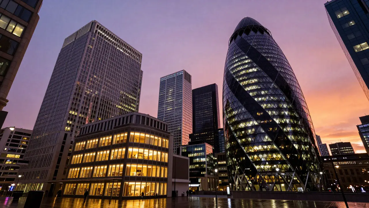 Twilight view of Canary Wharf skyscrapers with glowing glass and steel structures