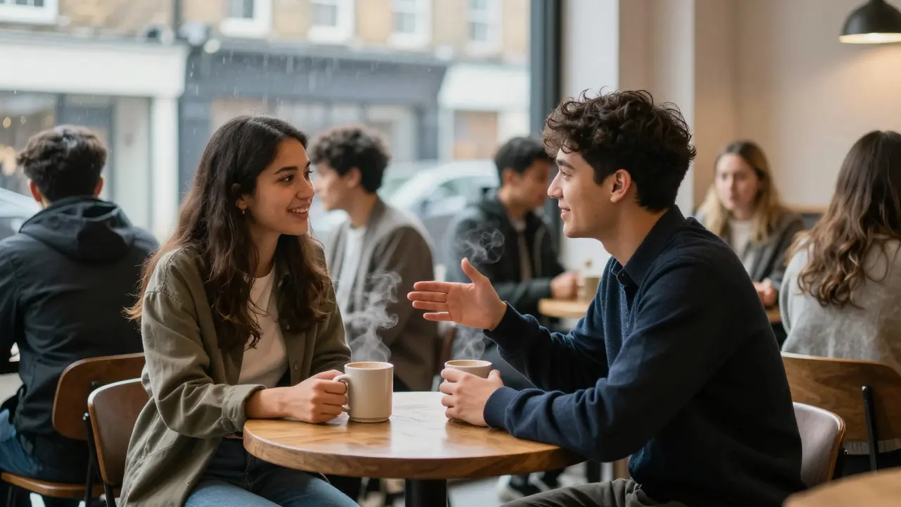 Two students having a friendly conversation over coffee at a language exchange meetup