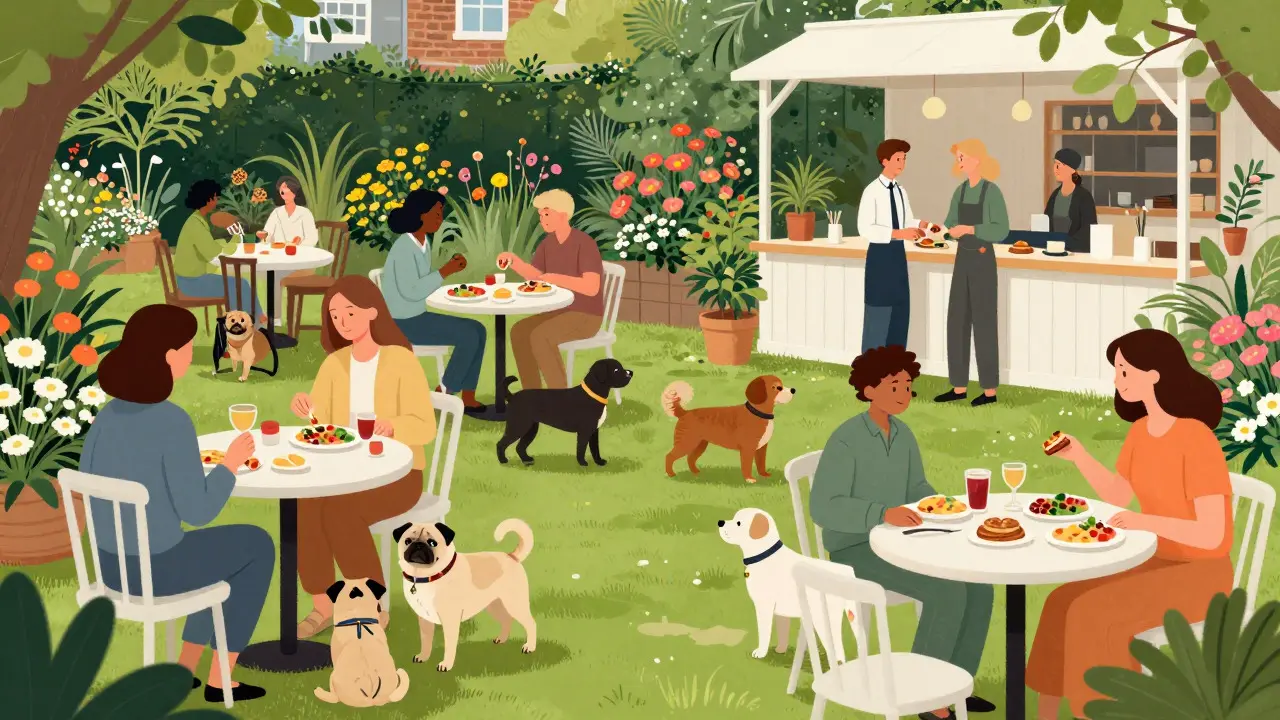 Various dogs socializing on the lawn of a lush garden restaurant