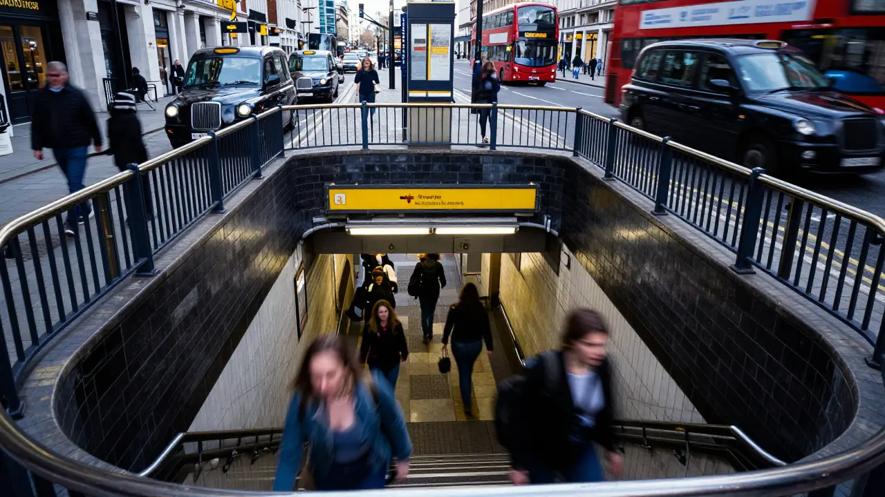 View down a London Underground station entrance showing busy platforms and street traffic above