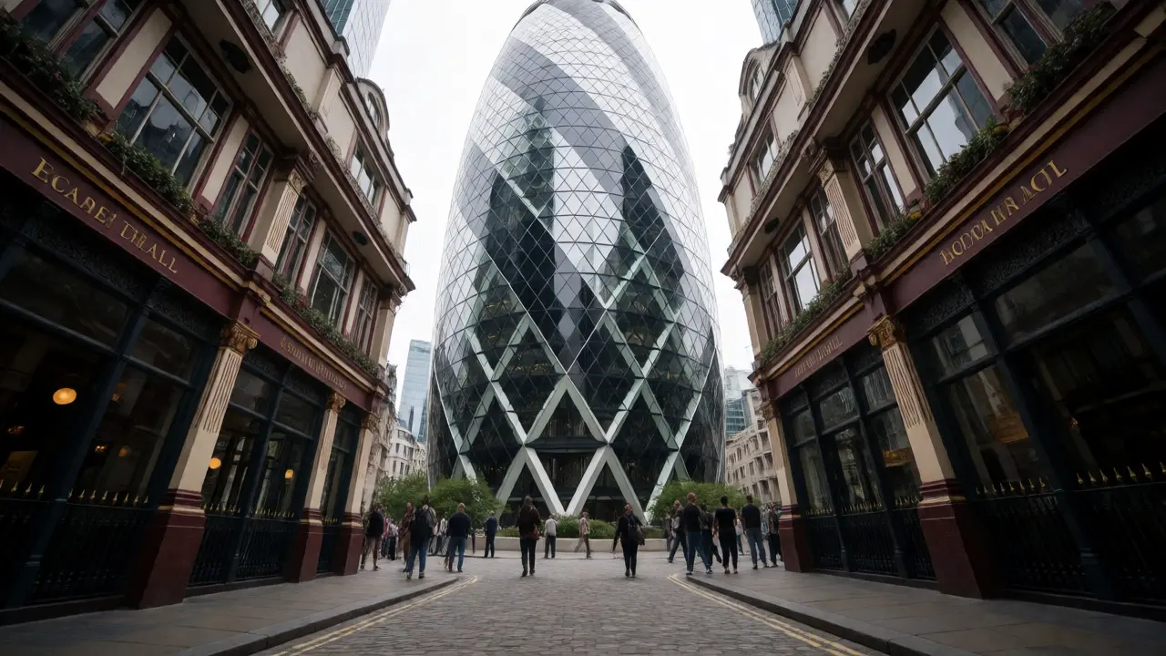 View of The Gherkin rising above Leadenhall Market in London