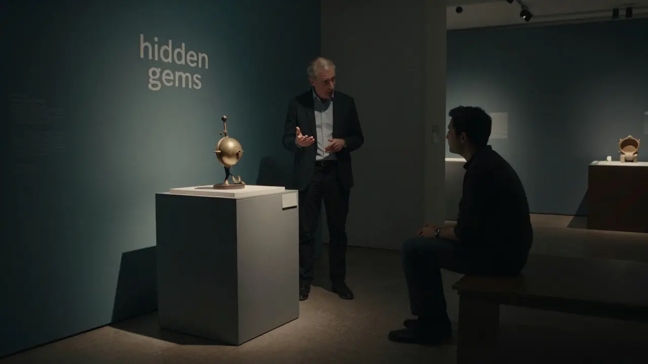 Visitor chatting with a curator over a unique artifact in a quiet, intimate museum space