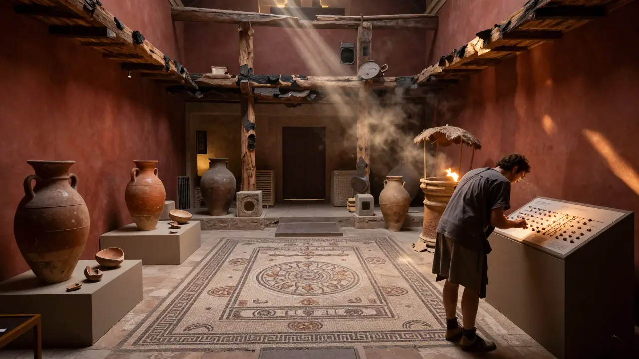 Visitor smelling historical scents near Roman mosaics and ruins in the museum gallery