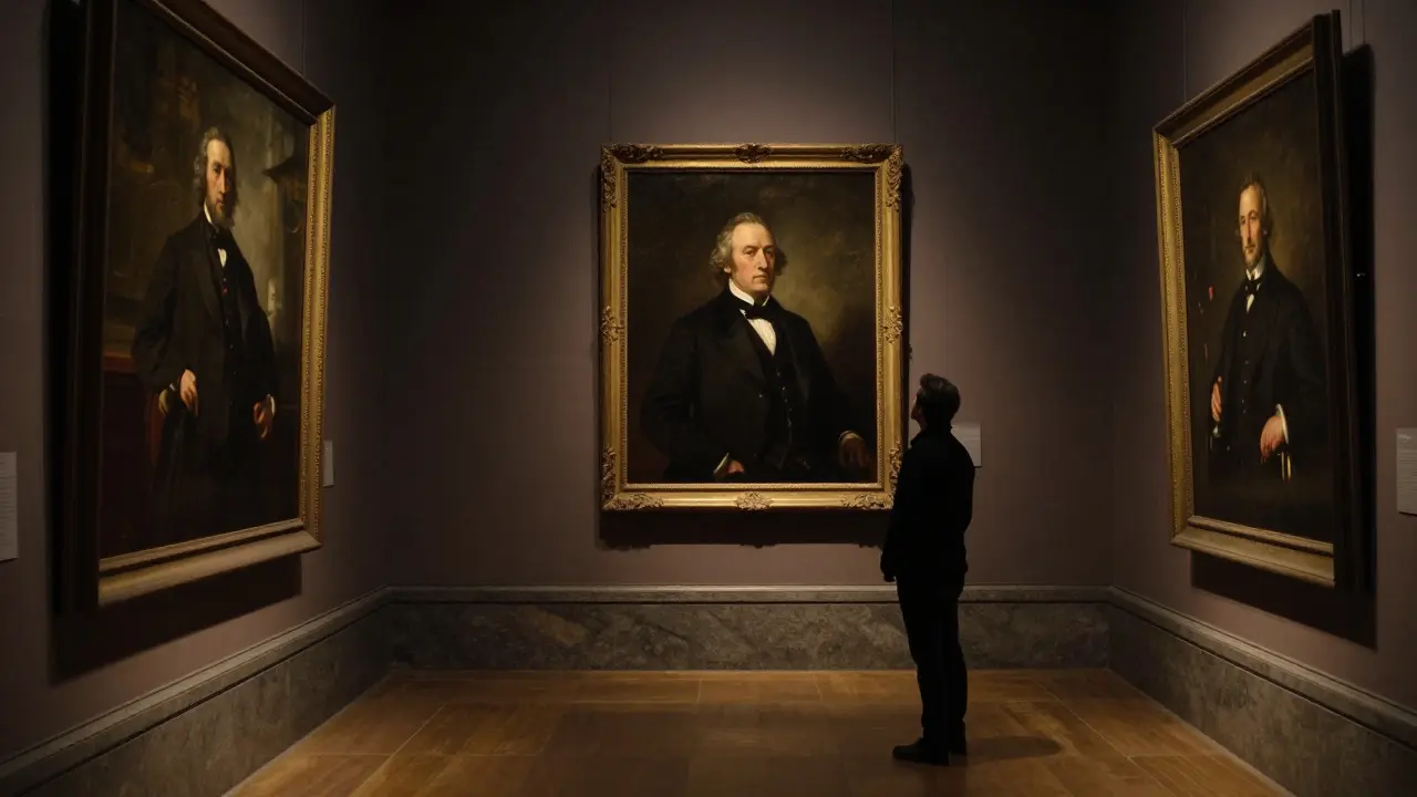 Visitor viewing a Victorian oil painting in a dimly lit gallery hall