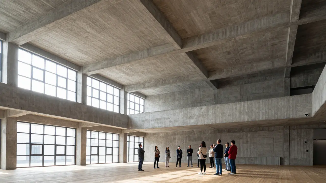 Visitors admiring the raw concrete interior of a brutalist building with natural light
