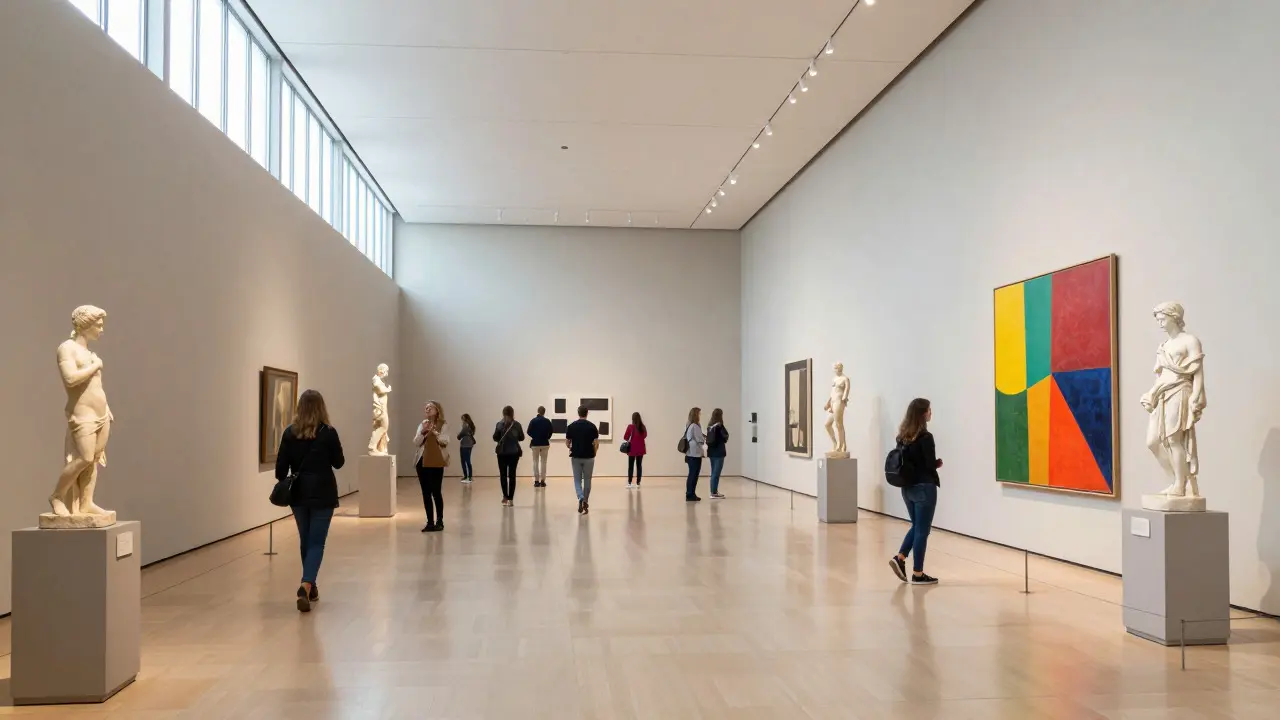 Visitors calmly exploring art in a spacious, well-lit museum gallery