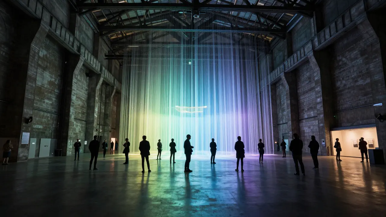 Visitors viewing a large light installation inside Tate Modern Turbine Hall