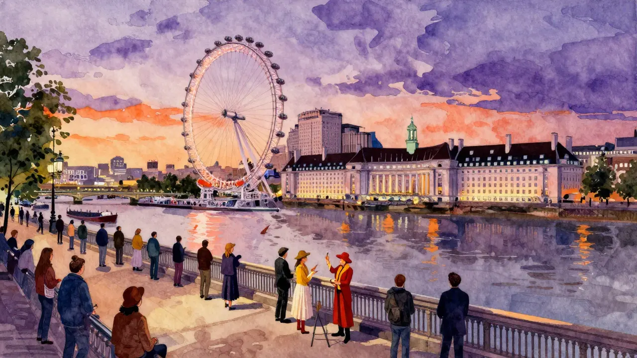 Watercolor art of the South Bank and London Eye at dusk