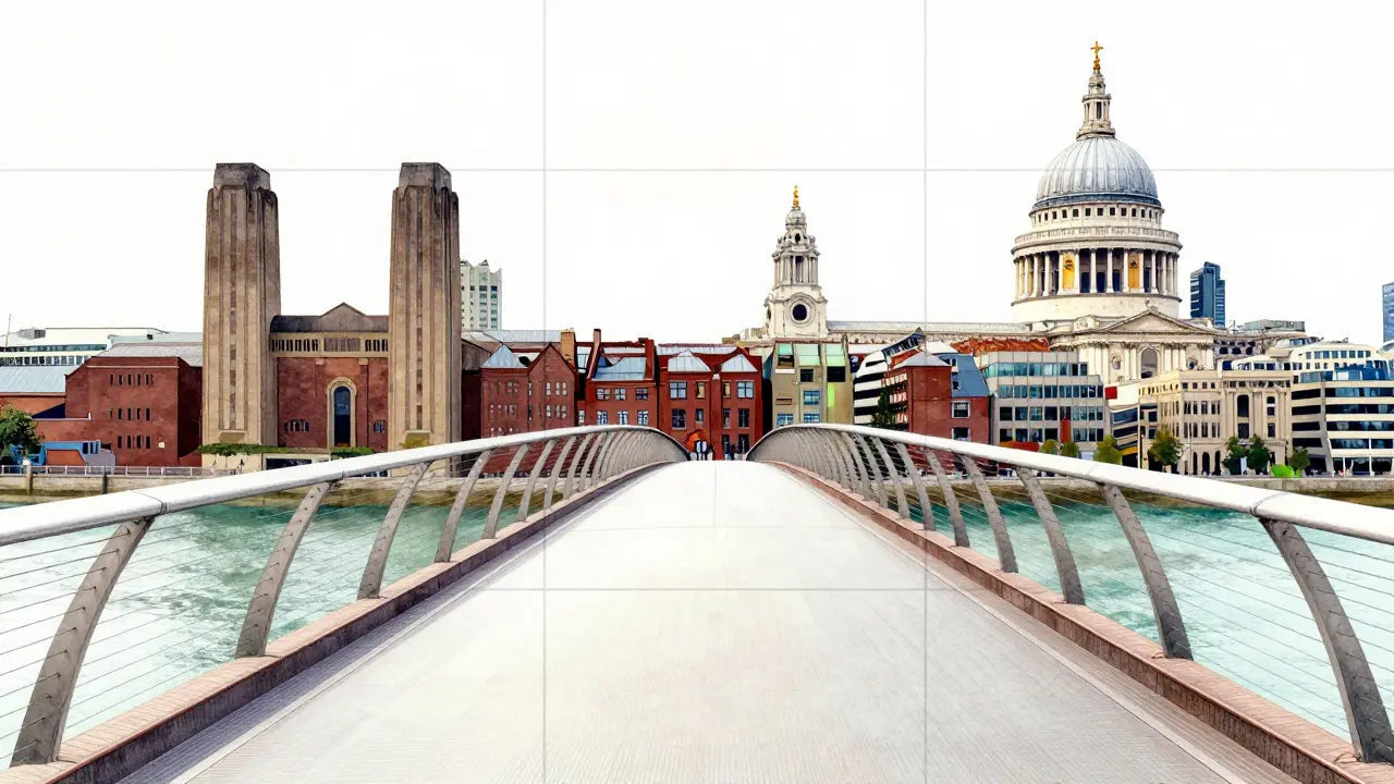 Watercolor illustration of the Millennium Bridge showing rule of thirds composition lines
